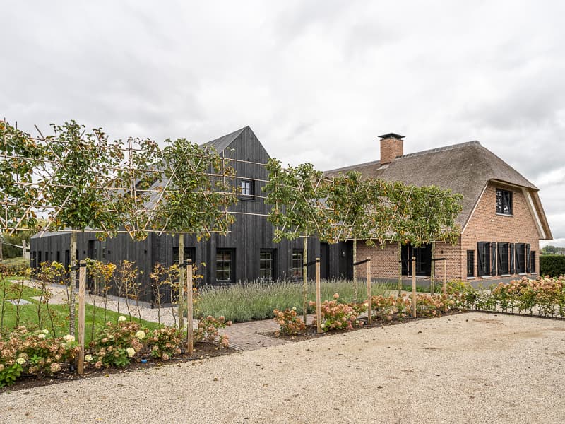 Rietgedekte villa met zwarte moderne vleugel en zwembad