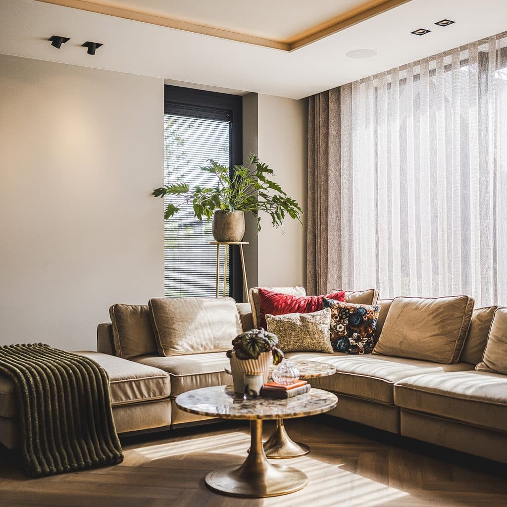 Woonkamer met beige hoeksalon, marmeren bijzettafel en grote ramen