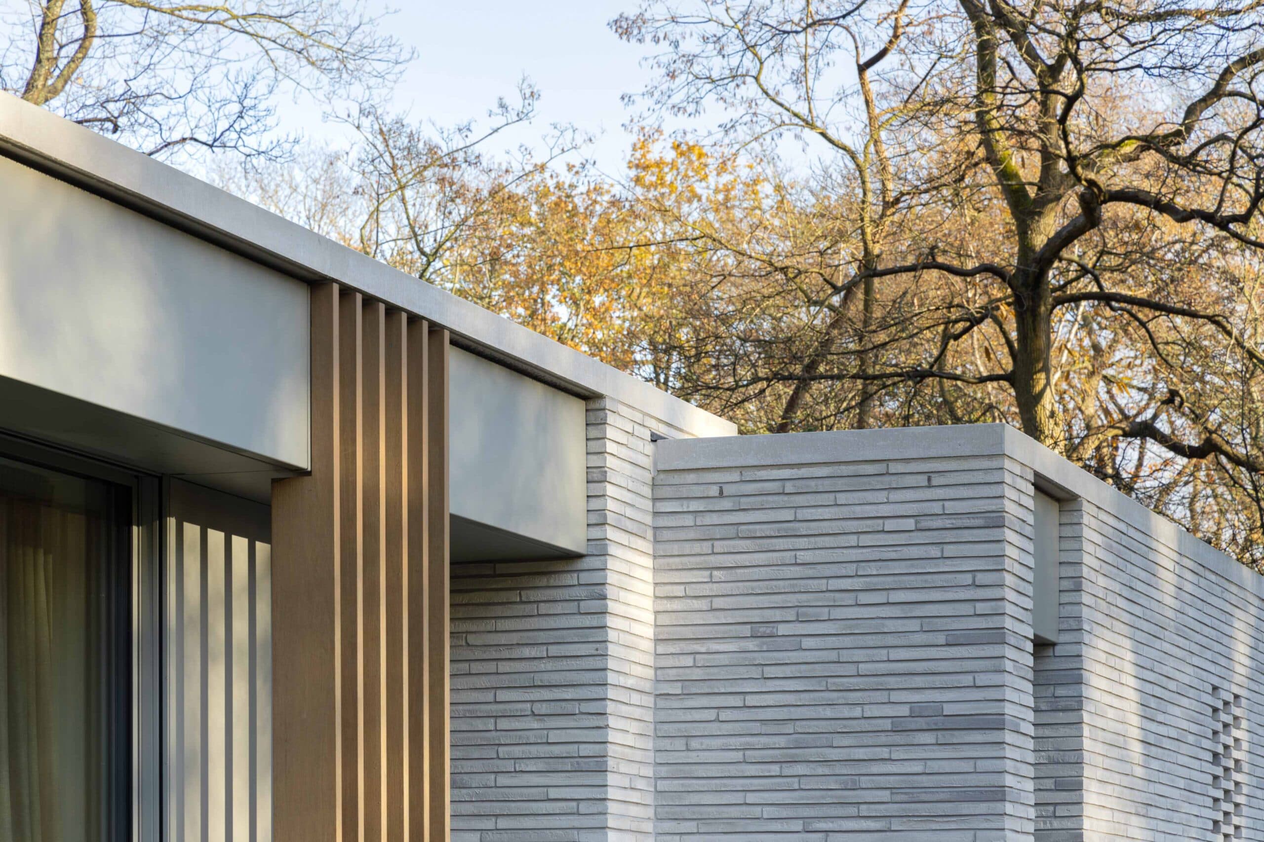 Villa onder groeiende pijnboom met verticale houten lamellen