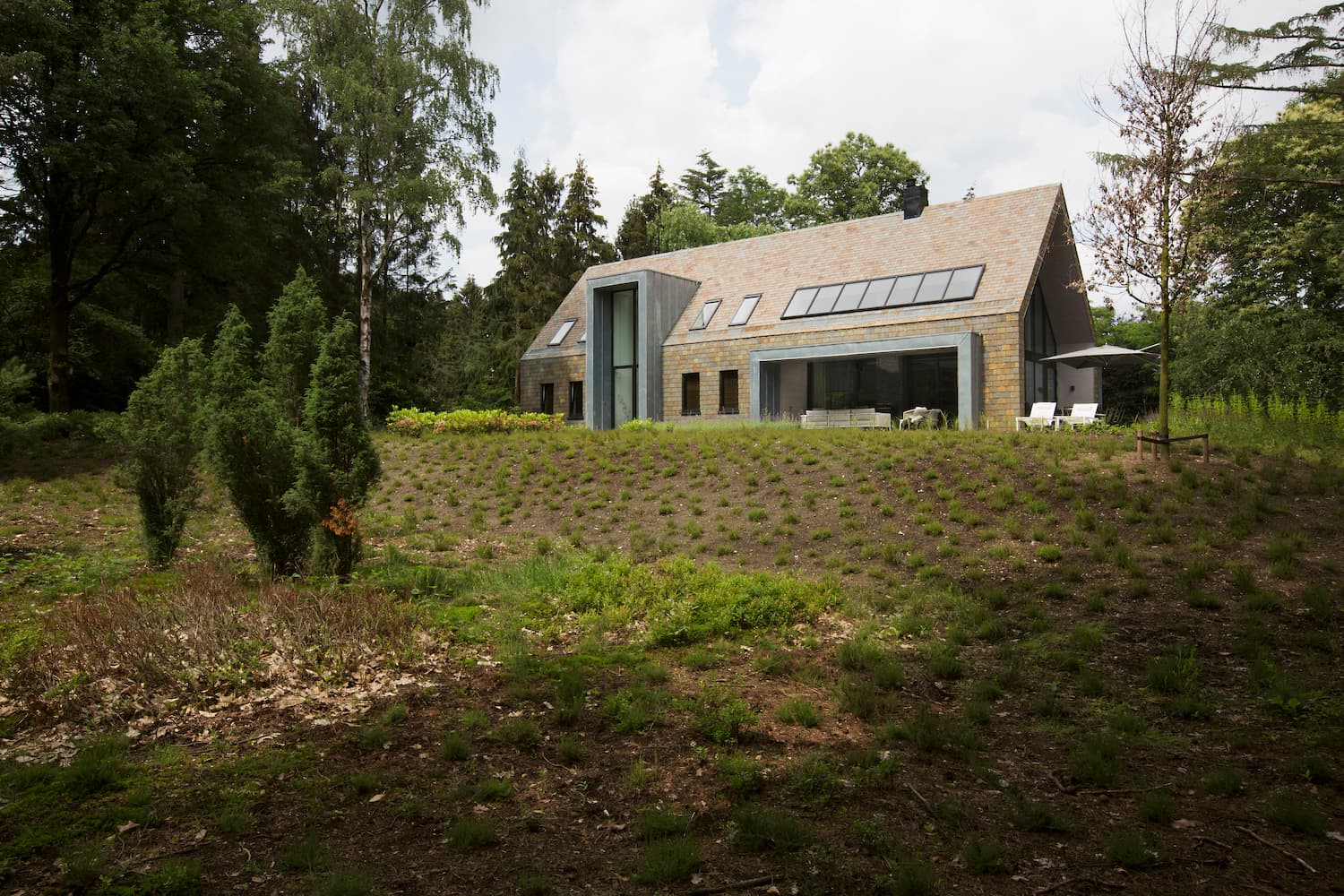Contemporary stone house with tall glass entryway