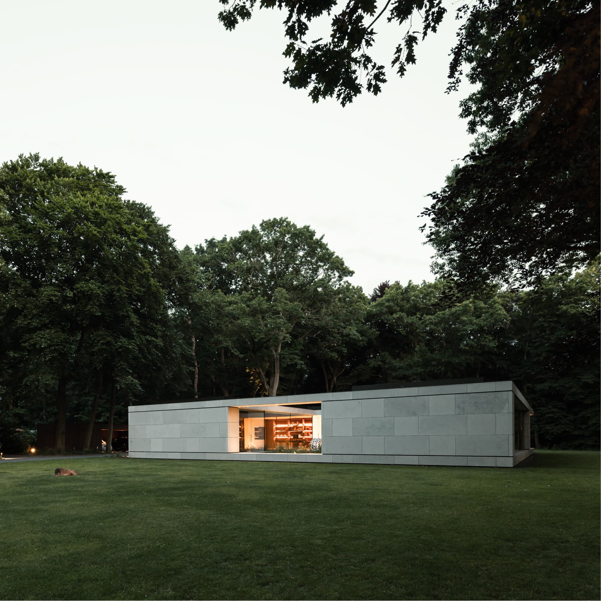 Moderne villa met betonnen gevel en grote glazen pui, verlicht bij schemering