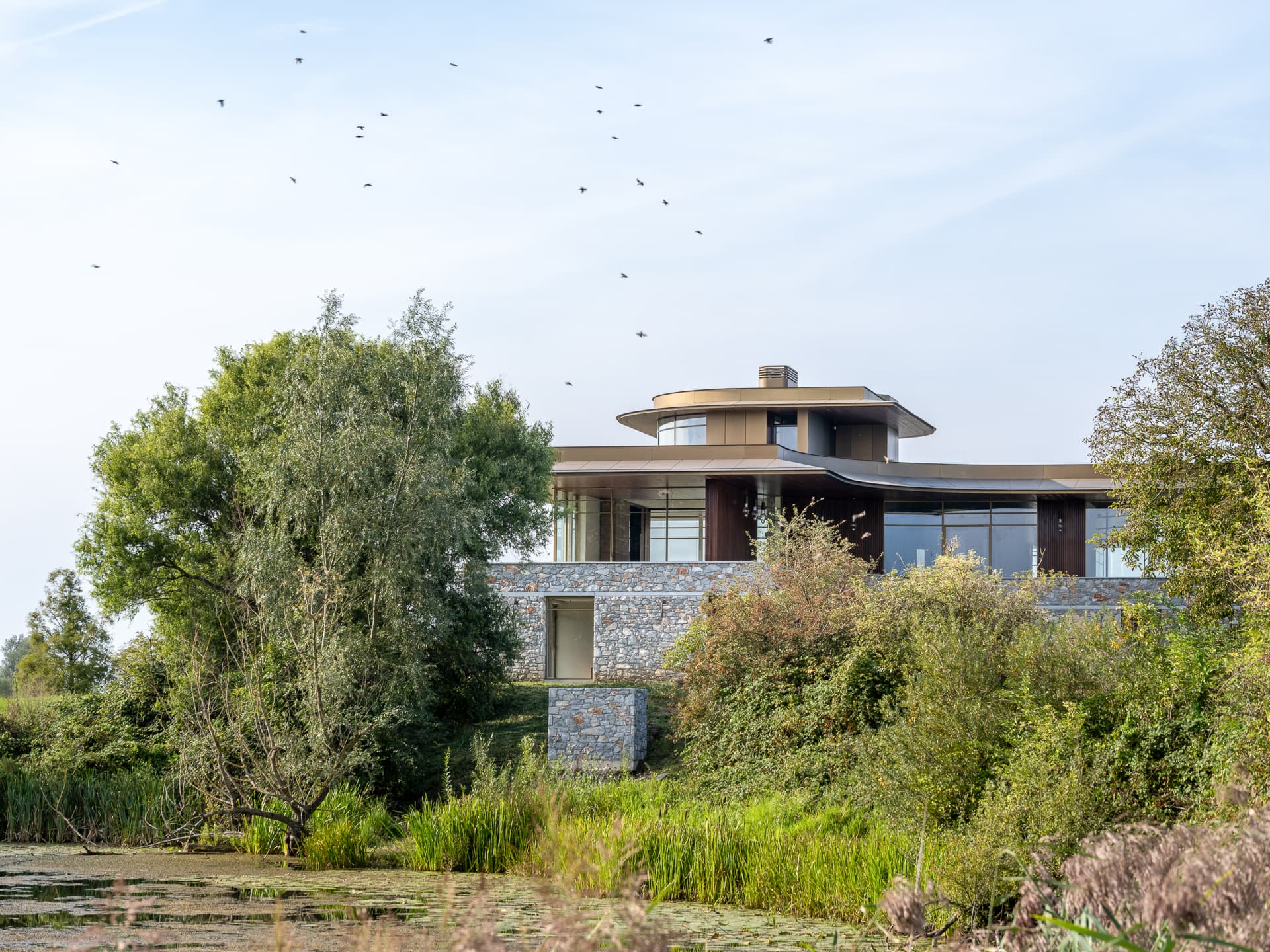 Architectonische villa aan water met natuurlijke omgeving en bomen