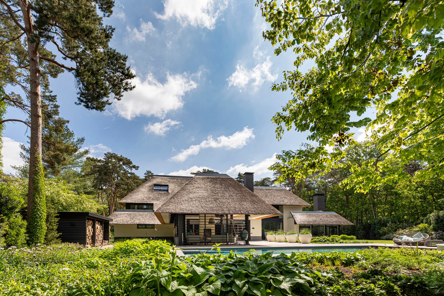 Achtergevel villa tussen hoge pijnbomen met rieten dak en donkere kolonnade