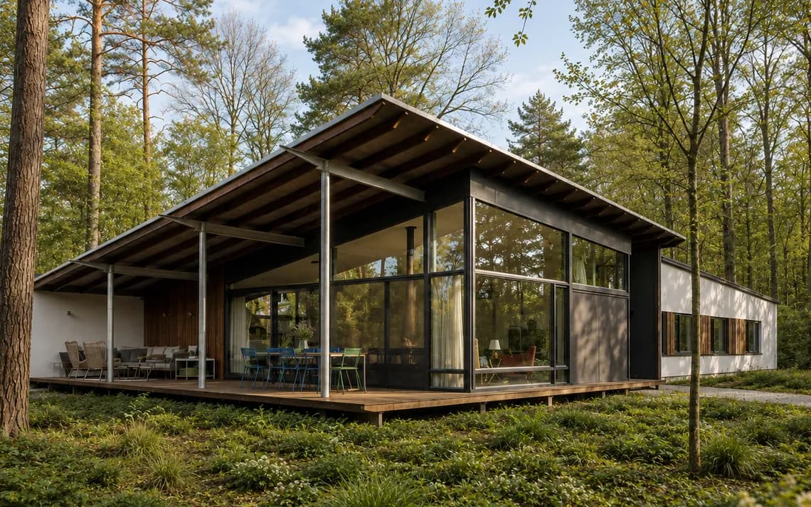 Hedendaagse bungalow met zwart stalen frames, houten terras en open carport