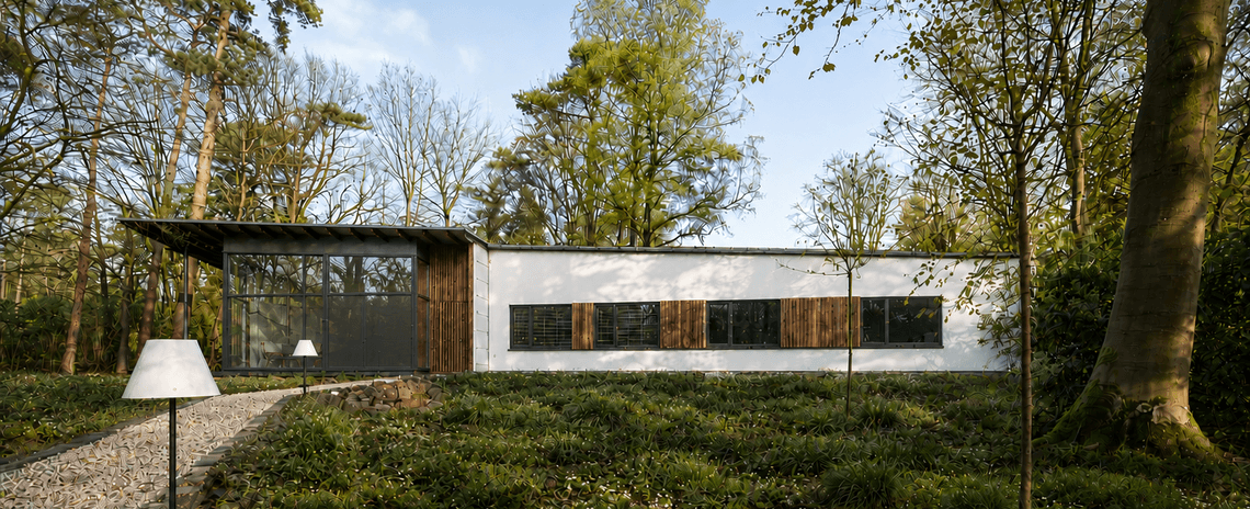 Moderne villa met witte gevel, zwarte raampartijen en grindpad tussen bomen