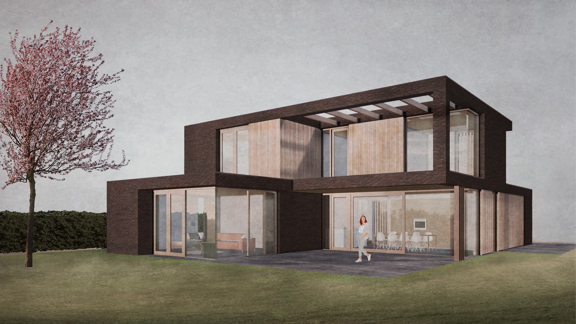 Twee-lagen villa met bakstenen gevels en houten raamframes