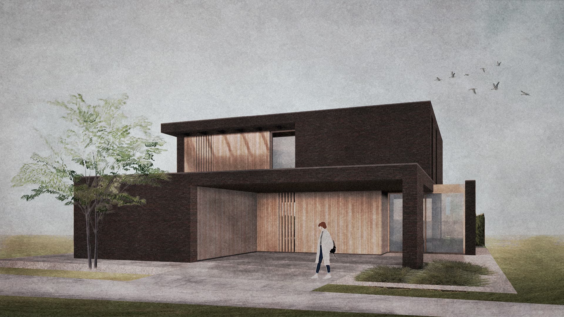 Twee-lagen bakstenen woning met houten gevel en grote raamopeningen