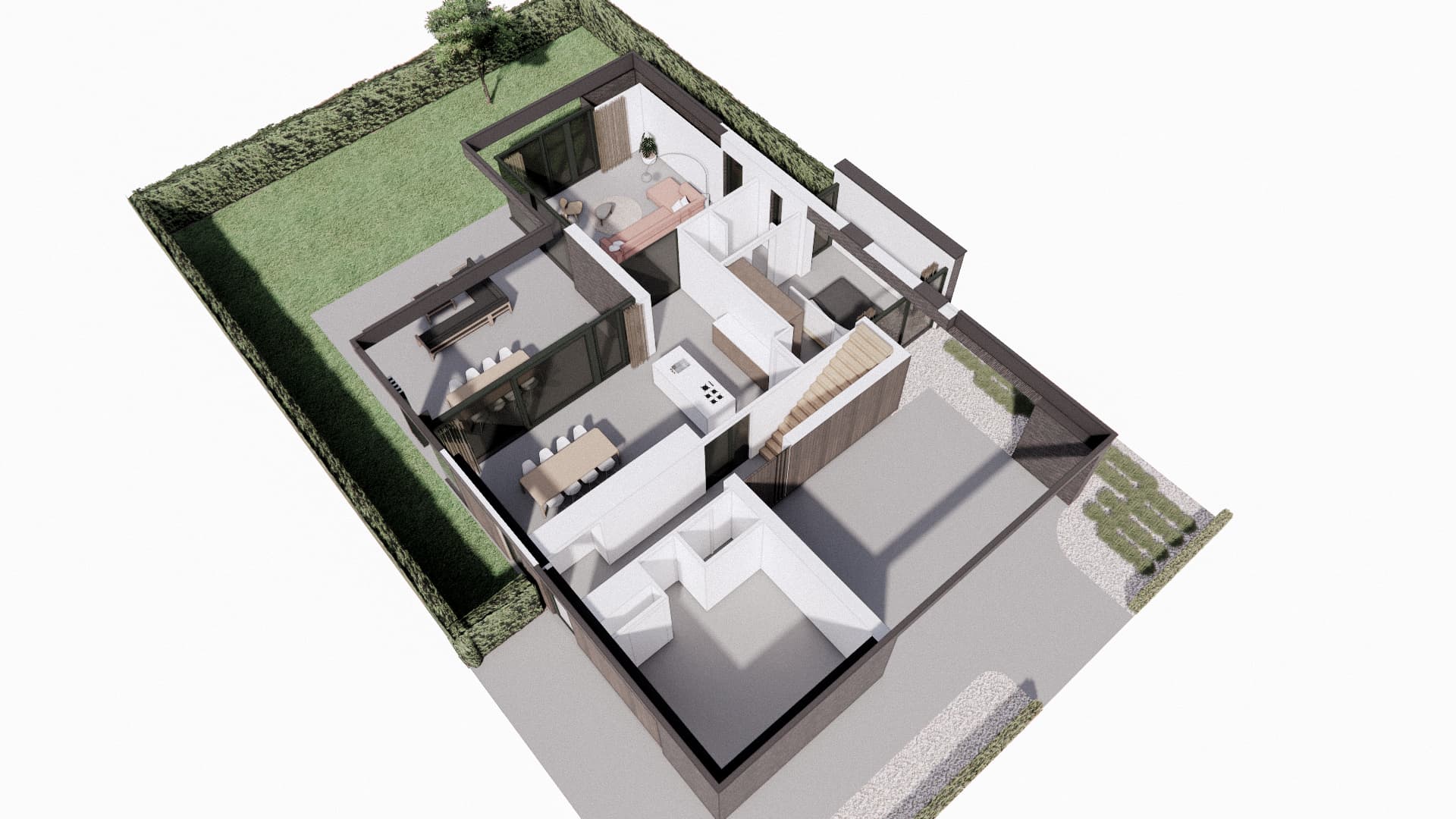 Plattegrond met grijze constructie en witte interieur indeling