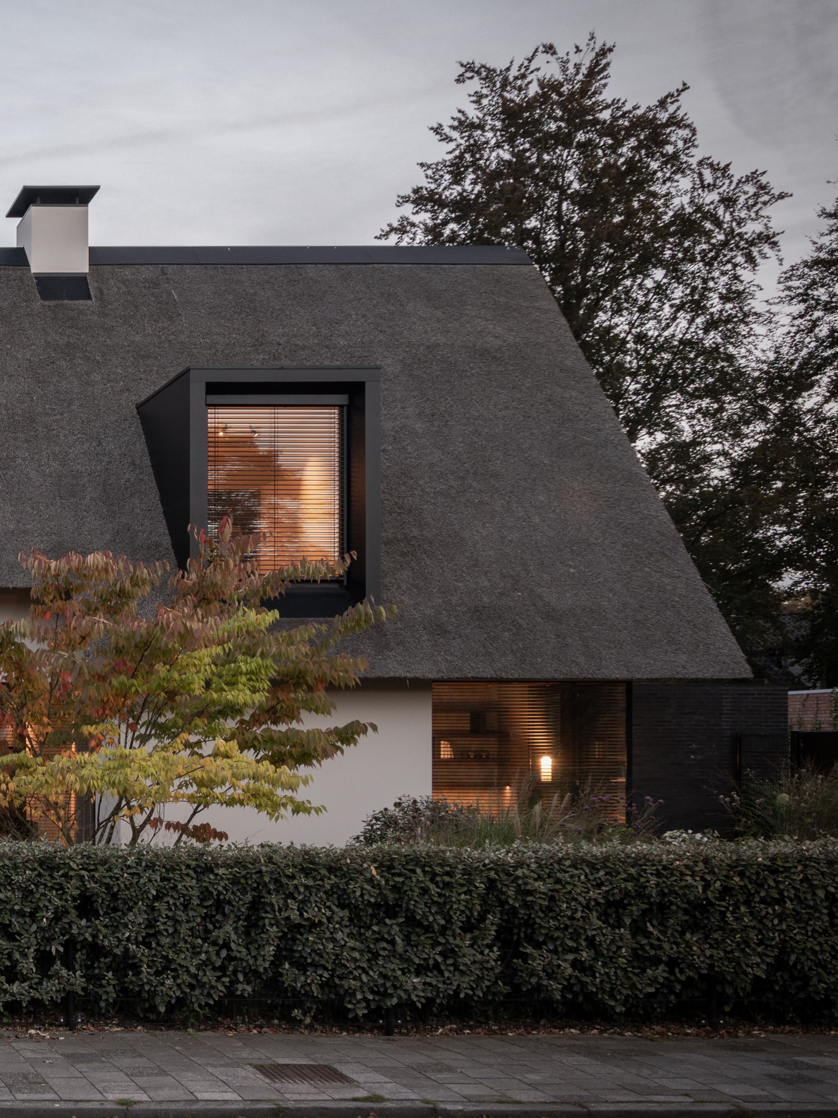 Achterkant rietgedekte villa met zwart-wit architectuur en landschapsplanting